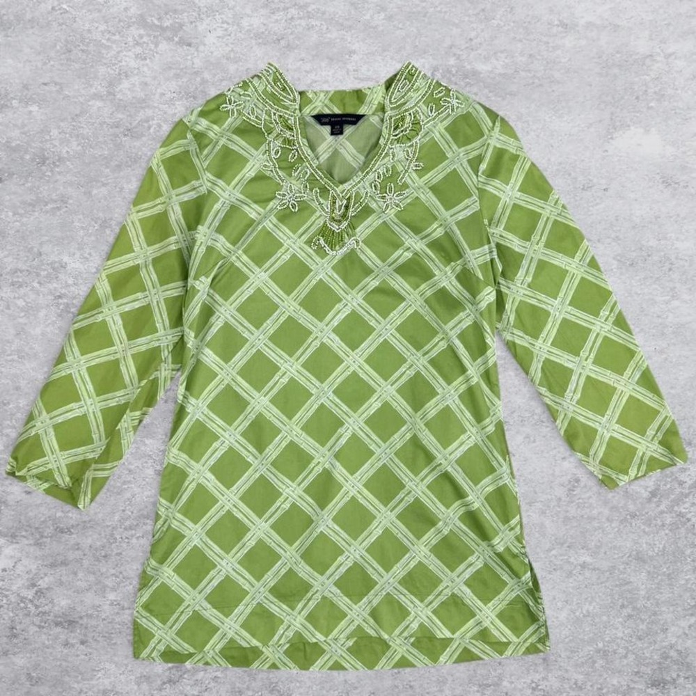 Brooks‎ Brothers Womens XS Green Bamboo Print Beaded V-Neck Tunic Top 3/4 Sleeve